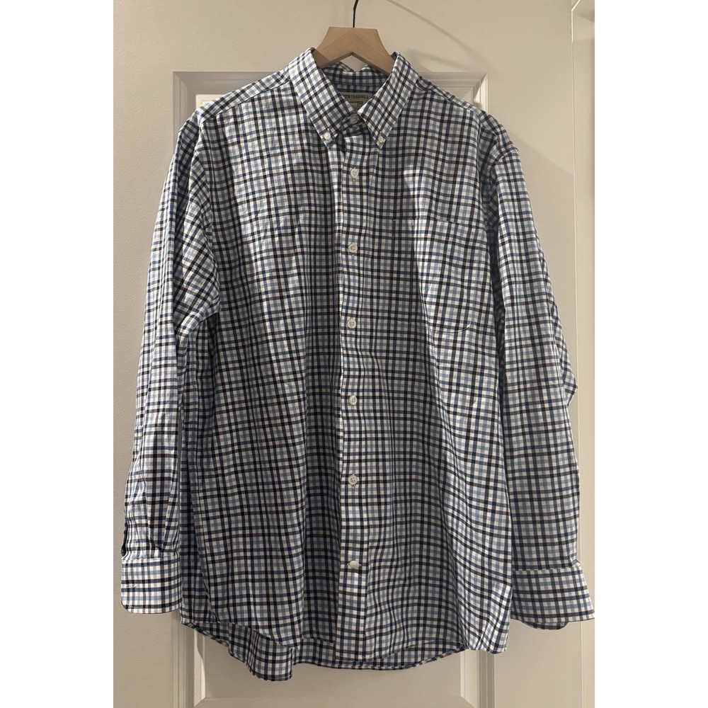 Duluth Trading Wrinklefighter Shirt Mens L Blue White Plaid Button Down Cotton
